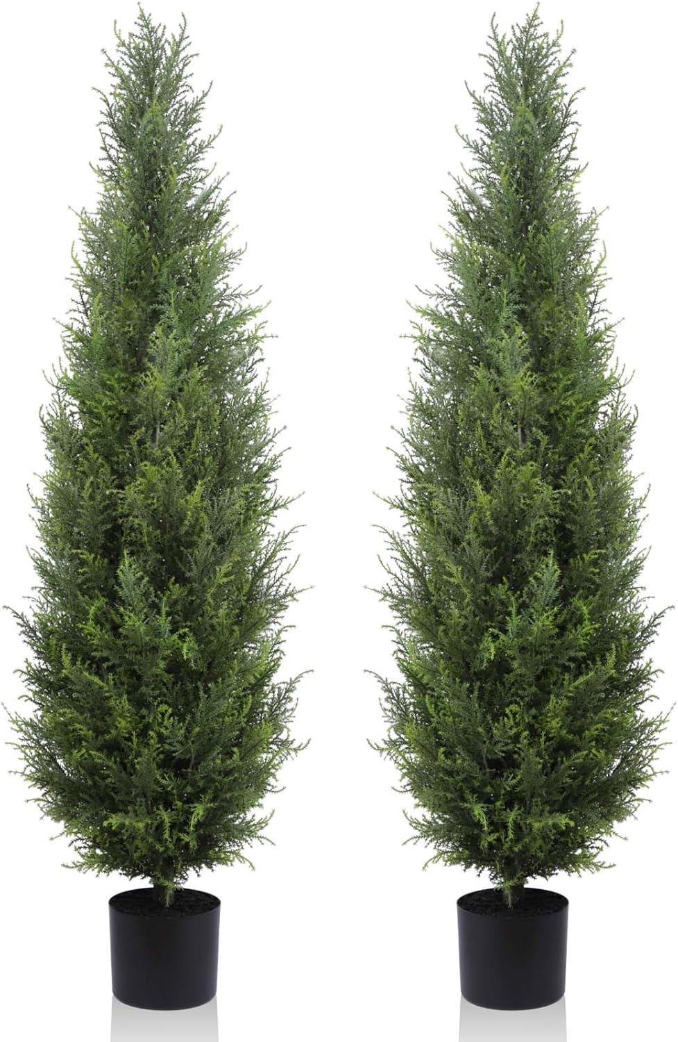 2 Pack 5 ft Artificial Cedar Tree UV Rated , Artificial Christmas Topiary Tree, Pre-Potted Plants for Indoor Outdoor Housewarming Gift Home Decor, DR.Planzen