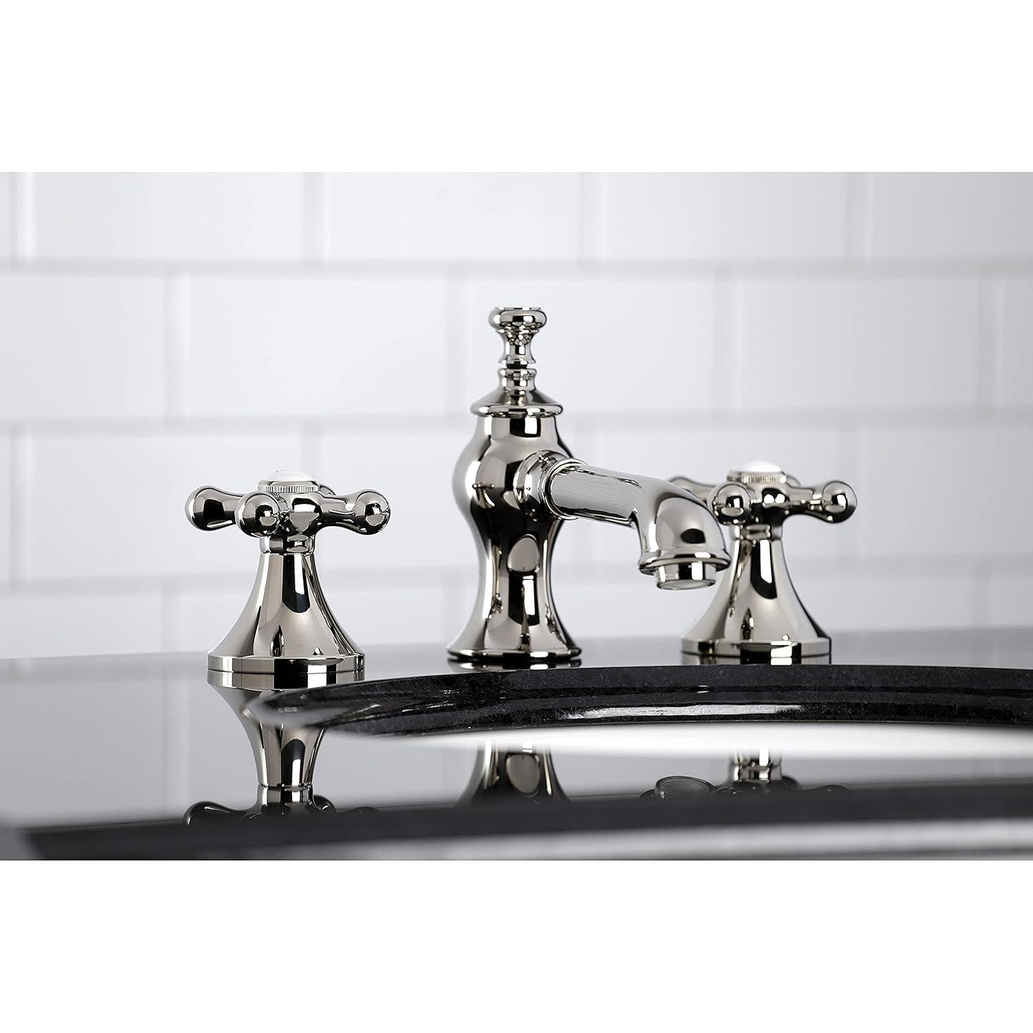 Kingston Brass Vintage Two-Handle 3-Hole Deck Mount Widespread Bathroom Faucet with Brass Pop-Up Drain