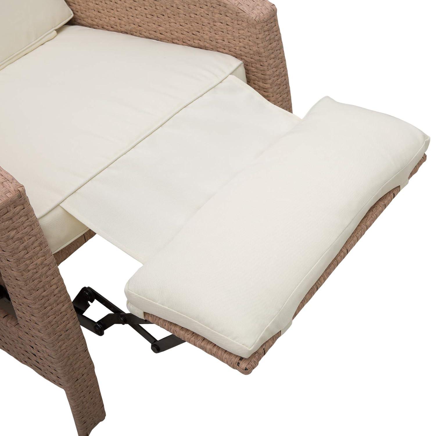 Beige Wicker Outdoor Recliner with Cushions and Tray