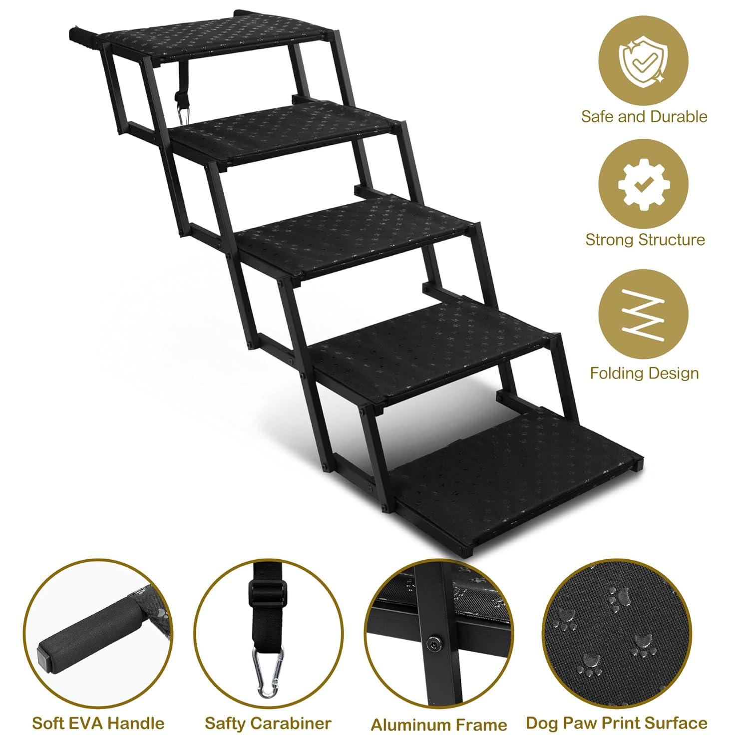 Dog Stairs for Car - Foldable Dog Ramps for Large Dogs with Non Slip Surface, Portable Dog Steps for Cars and SUV, Truck, Support Up to 200 Lbs