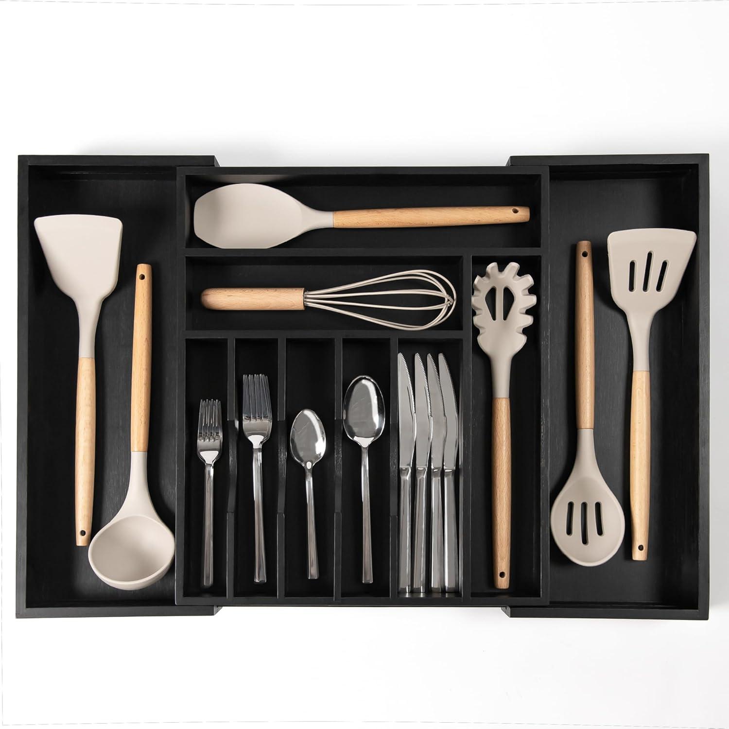 KitchenEdge Premium Silverware, Flatware and Utensil Organizer for Kitchen Drawers, Expandable 15 to 25 Inches Wide, 10 Compartments, Food-Safe Contract Grade Black Finish 100% Sustainable Bamboo Wood