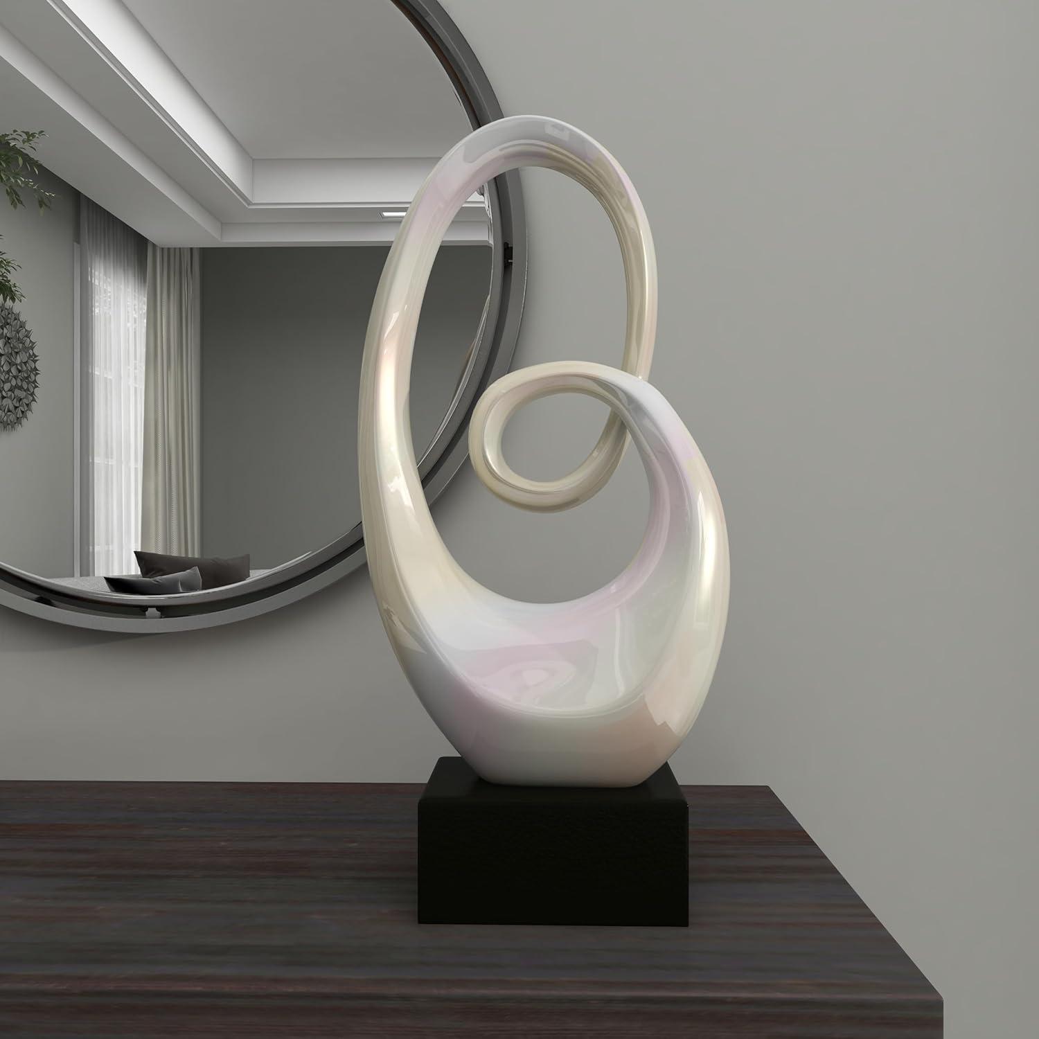 10" x 21" White Ceramic Swirl Abstract Sculpture with Black Base, by DecMode