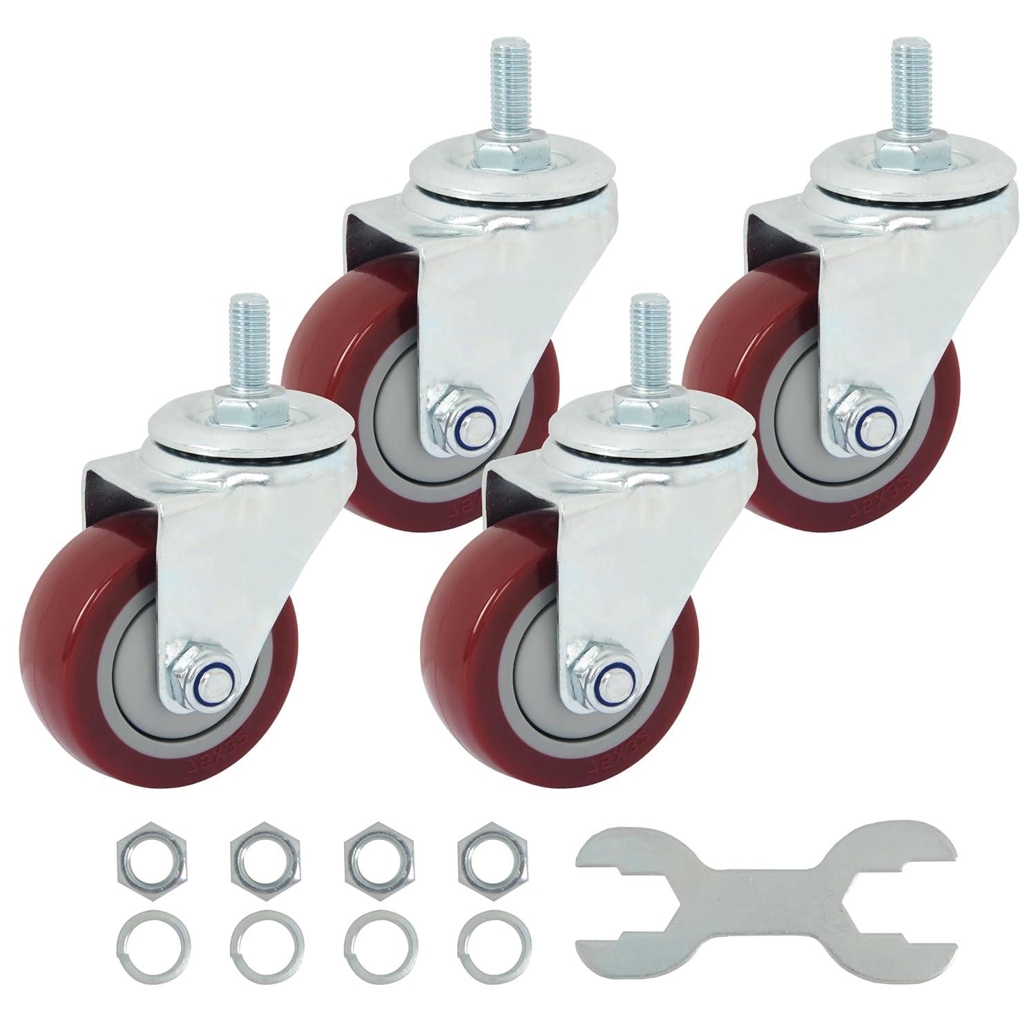 Caster Wheels Set of 4 with Brake Plate Swivel Casters Premium Polyurethane Wheels PU Load Bearing 1,200 Lbs Lockable Anti-wear Smooth Casters Red