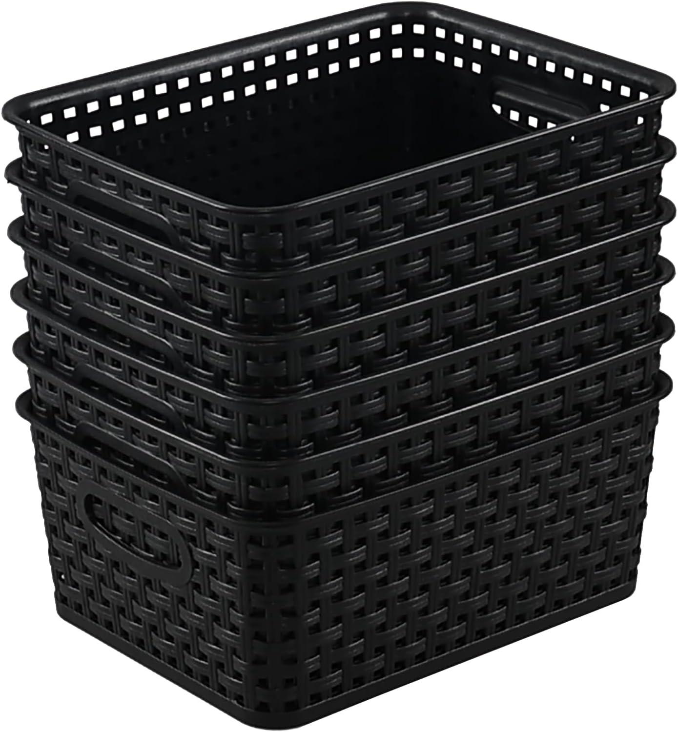 Black Rectangular Plastic Woven Storage Baskets, Set of 6