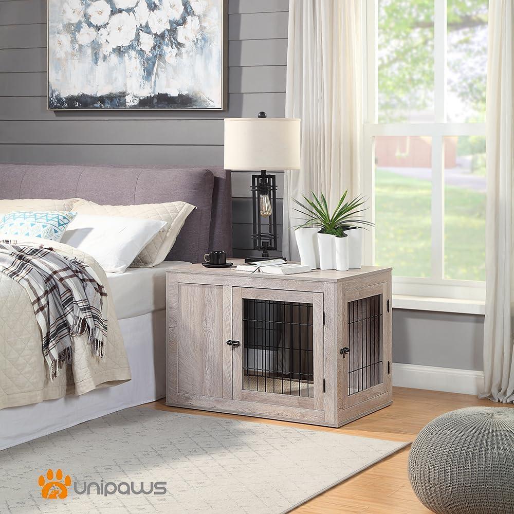Unipaws Dog Crate End Table with Cushion, Wooden Wire Pet Kennels with Double Doors, Modern Design Dog House, Chew-Proof, Walnut