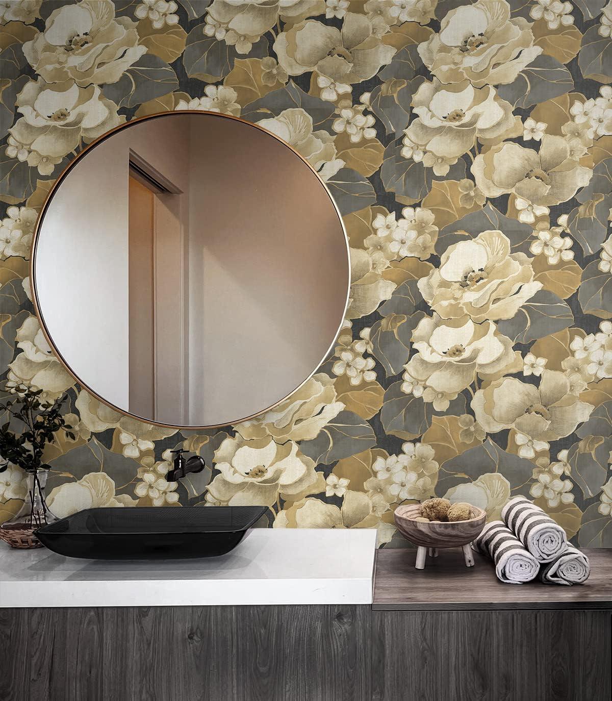 NextWall Ebony & Antique Gold Nouveau Floral Peel and Stick Wallpaper