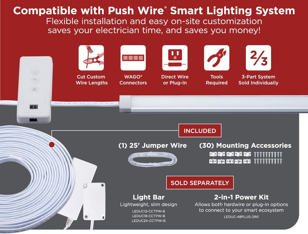 BLACK+DECKER PureOptics Professional Push Wire 25' Jumper Wire Spool for Under Cabinet Lighting, Flat 5/16" or 8mm Cable, 4-Core CL2 Compliant, Non-Metallic, White