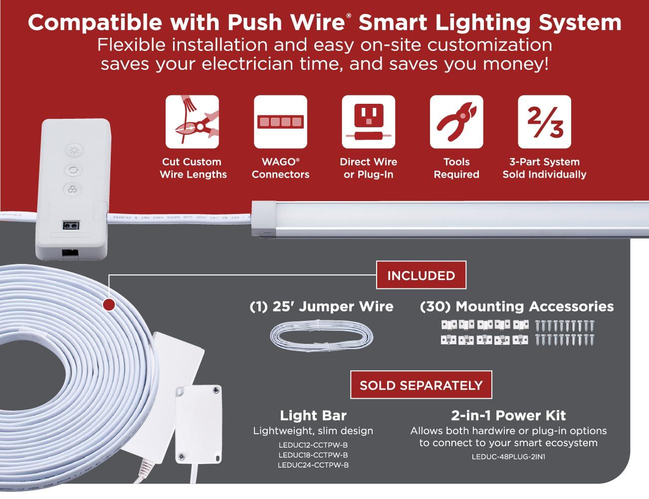 BLACK+DECKER PureOptics Professional Push Wire 25' Jumper Wire Spool for Under Cabinet Lighting, Flat 5/16" or 8mm Cable, 4-Core CL2 Compliant, Non-Metallic, White
