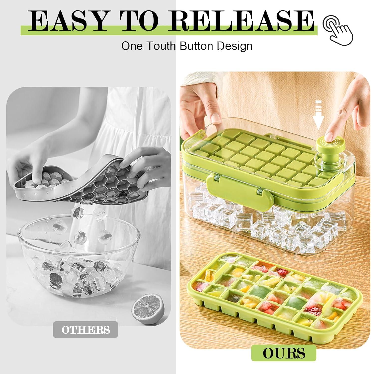 Ice Cube Tray with Lid and Bin, 2 Pack for Freezer, 64 Pcs Ice Cube Mold (Green)