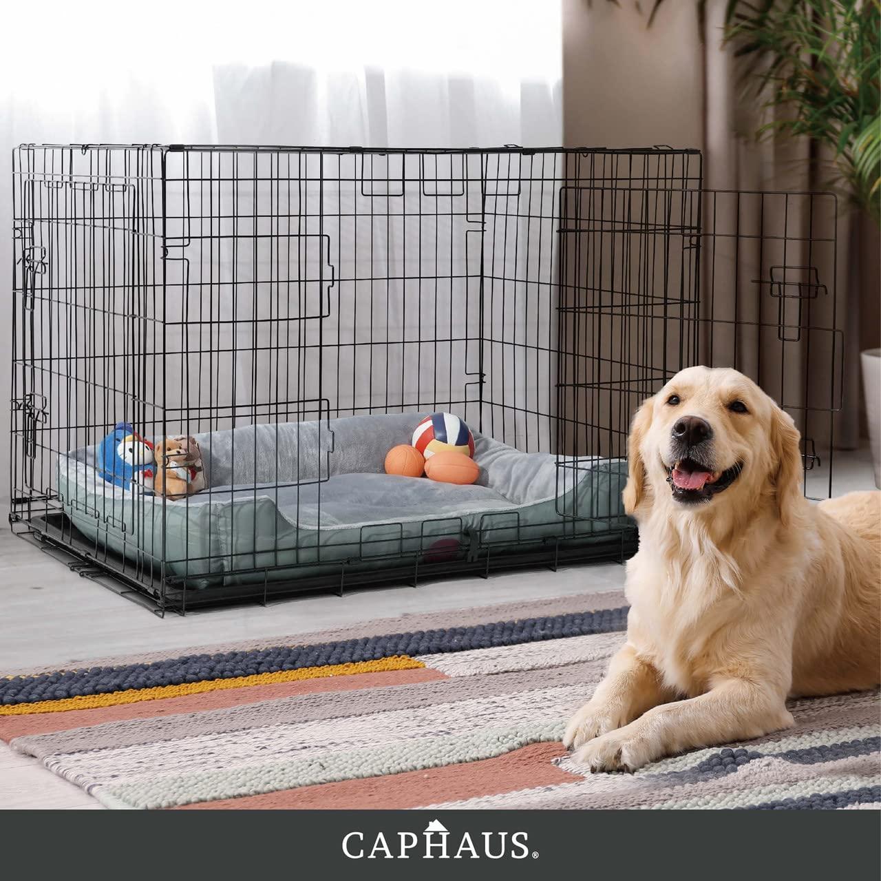 CAPHAUS Foldable Dog Crate Kennel w/Leak-Proof Pan & Divider Panel, Metal Crate, Small, Medium & Large Dog Crate Indoor Wire Cage, 42' w/Double Doors, Black