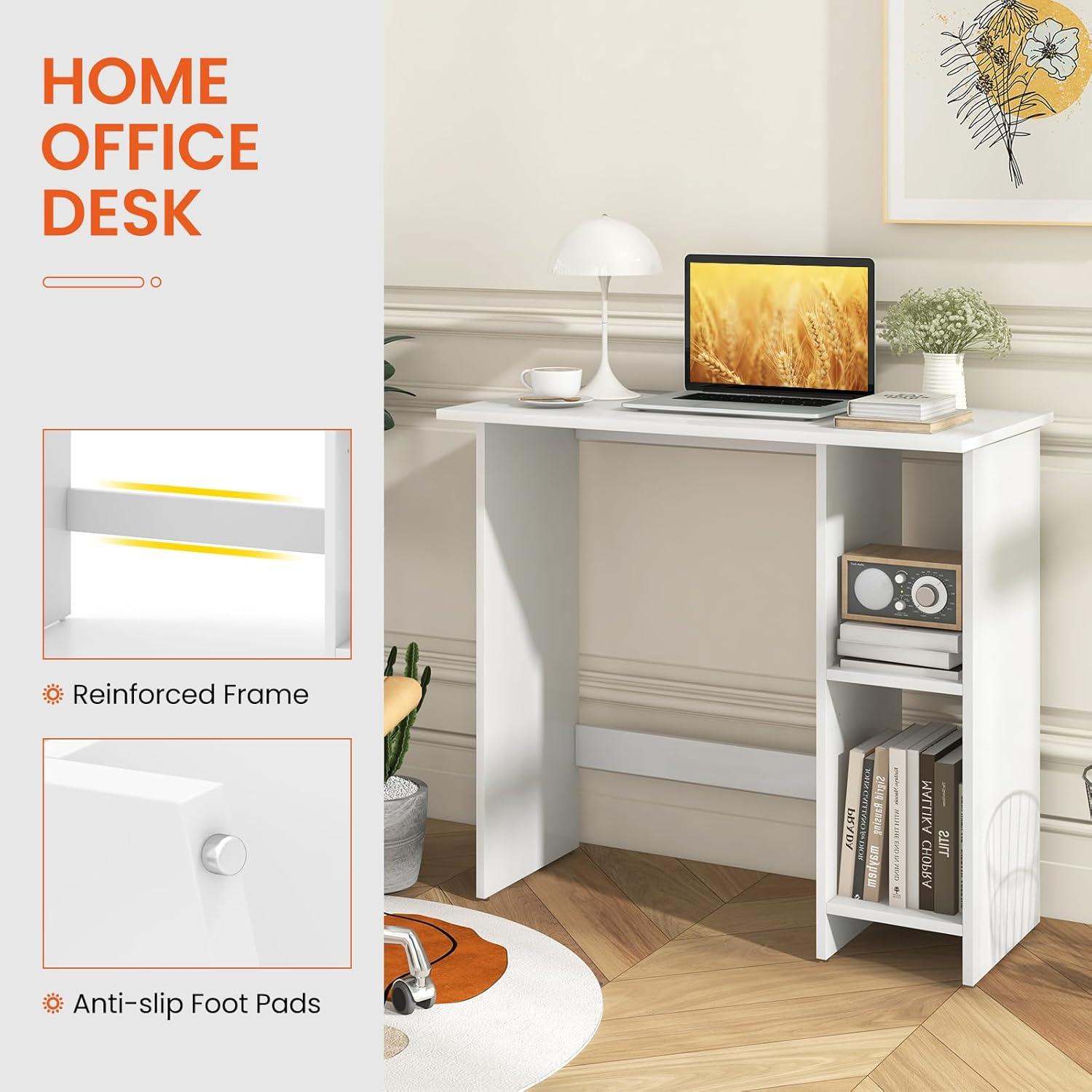 Giantex Small White Desk, Compact Study Writing Desk with 3-Position Adjustable Shelf, Anti-Toppling Kit, Modern PC Laptop Table, Home Office Computer Workstation for Small Space Bedroom Dorm