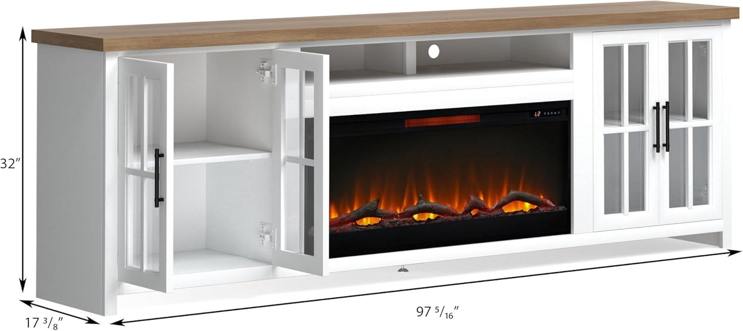 Hampton 97" White Wood Fireplace TV Stand with Cabinets