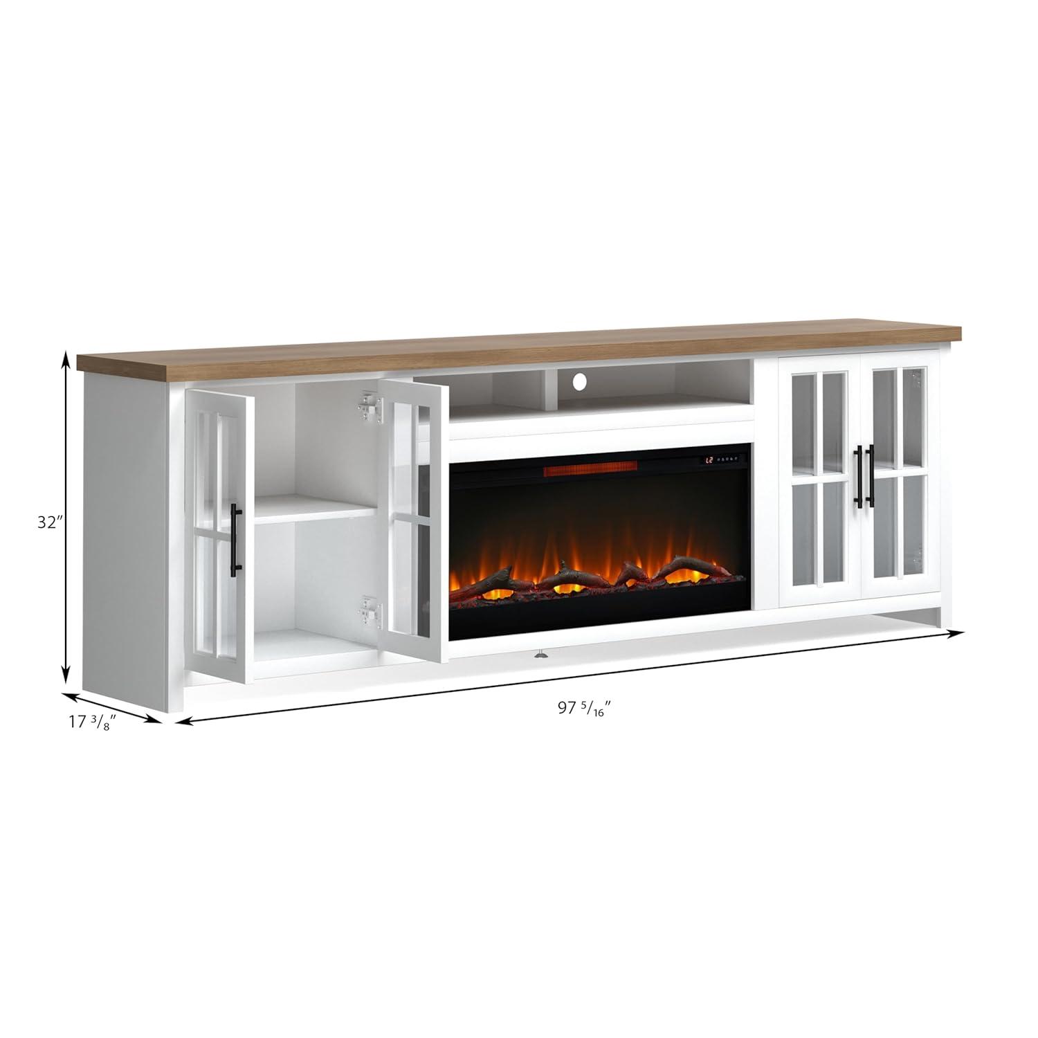 Hampton 97" White Wood Fireplace TV Stand with Cabinets