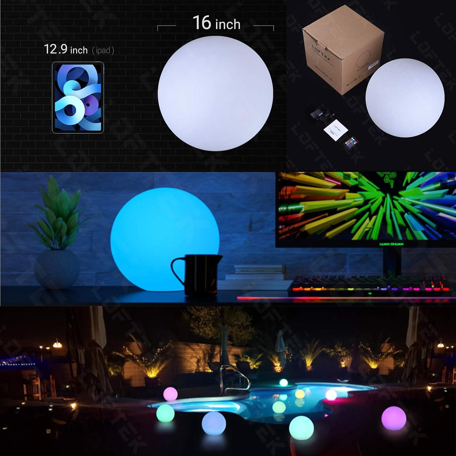 LOFTEK 8-inch LED Night Light Ball: 16 RGB Colors and Dimmable Globe Light with Remote, Upgraded Folding Handle, Seamless Matte Housing, Rechargeable IP65 Floating Pool Light, for Nursery or Decor