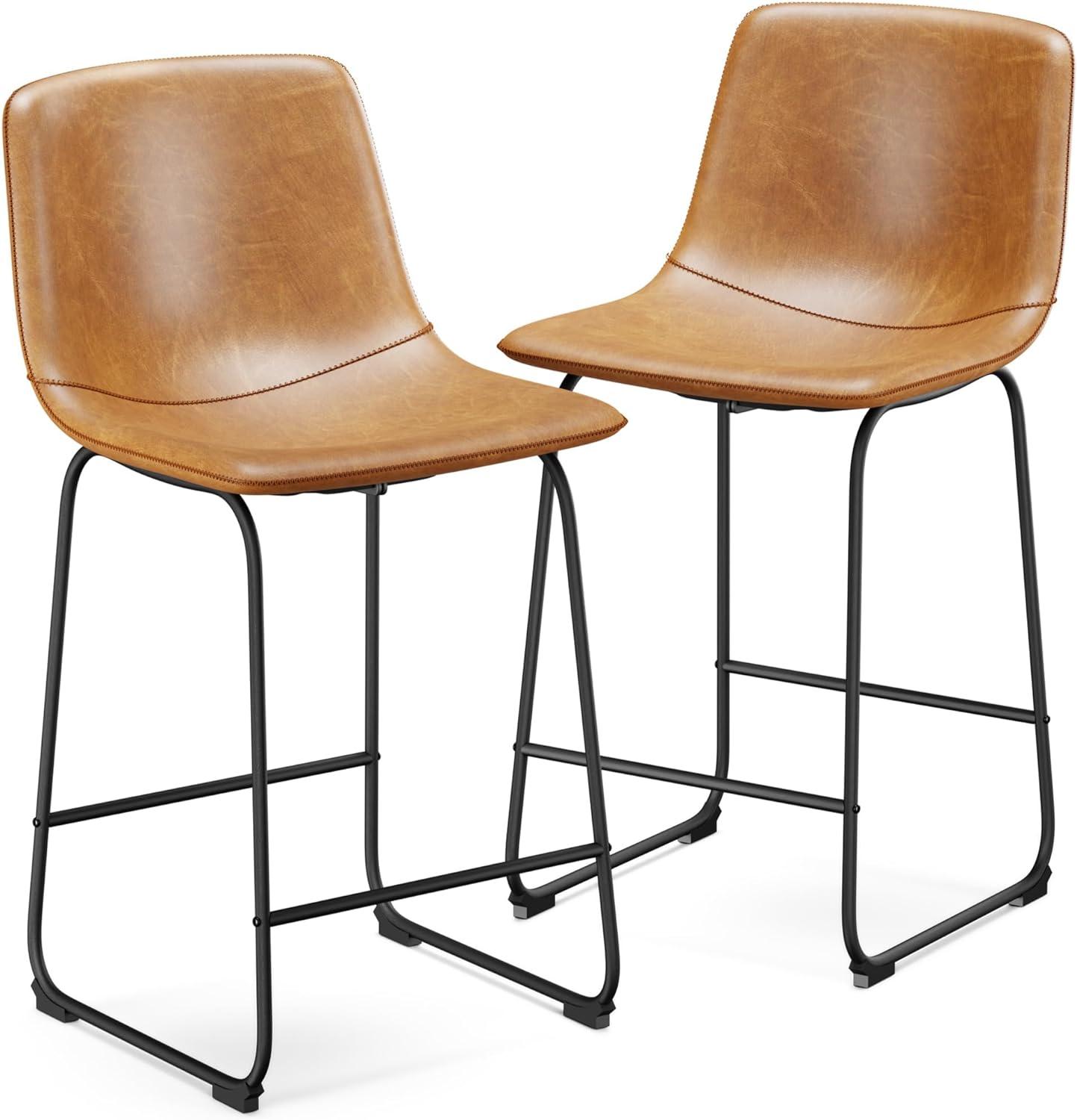WM 26 inch Counter Height Bar Stools Set of 4, Modern Faux Leather High Barstools with Back and Metal Leg, Bar Chairs for Indoor & Outdoor, Brown