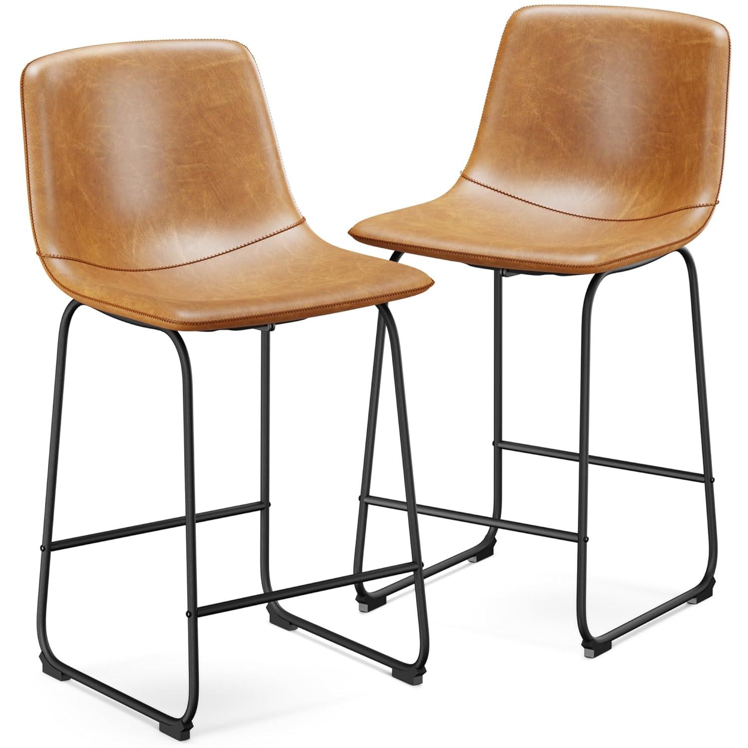 WM 26 inch Counter Height Bar Stools Set of 4, Modern Faux Leather High Barstools with Back and Metal Leg, Bar Chairs for Indoor & Outdoor, Brown