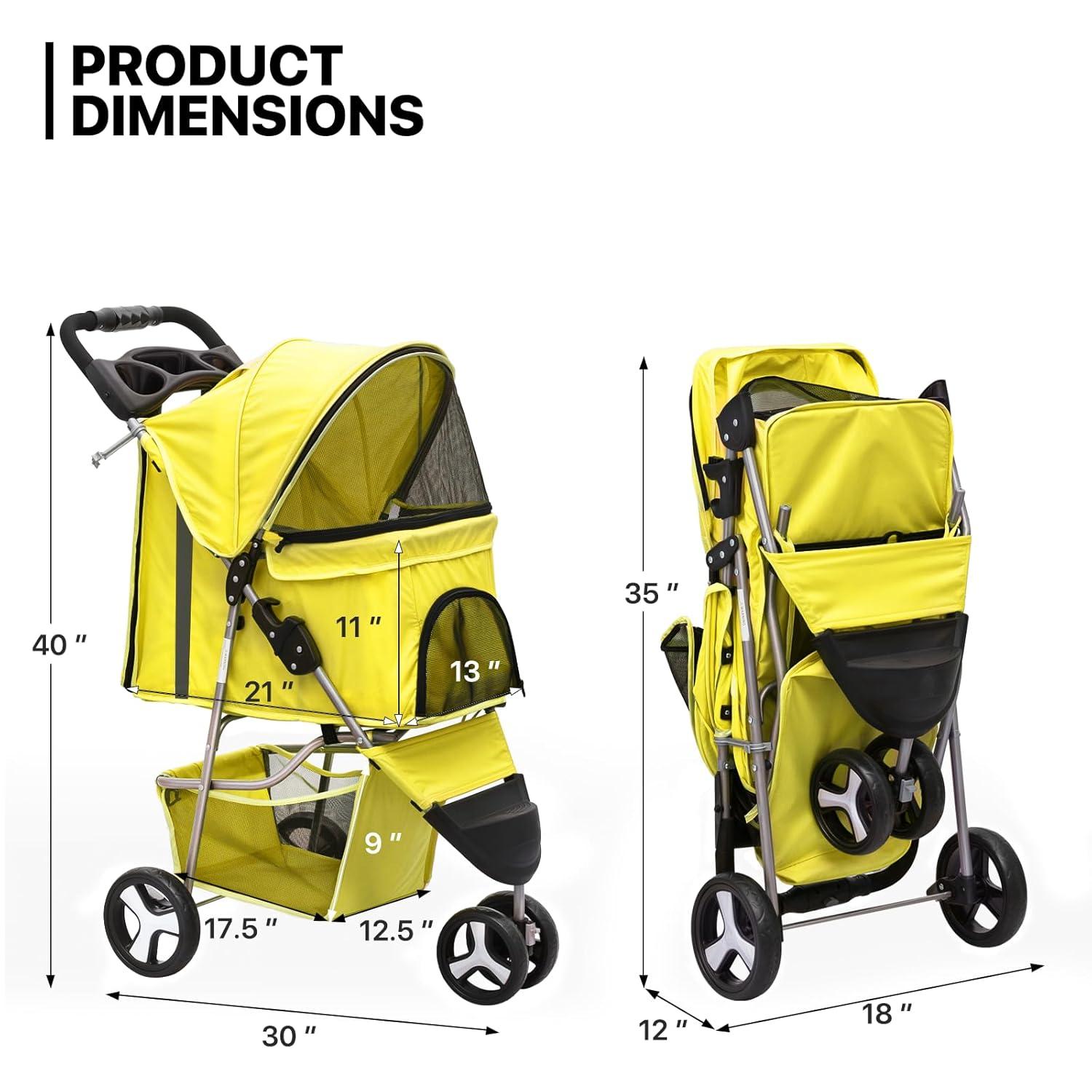 3 Wheel Folding Pet Stroller, Foldable Dog Jogger Stroller with Storage Basket, Cup Holder & Canopy