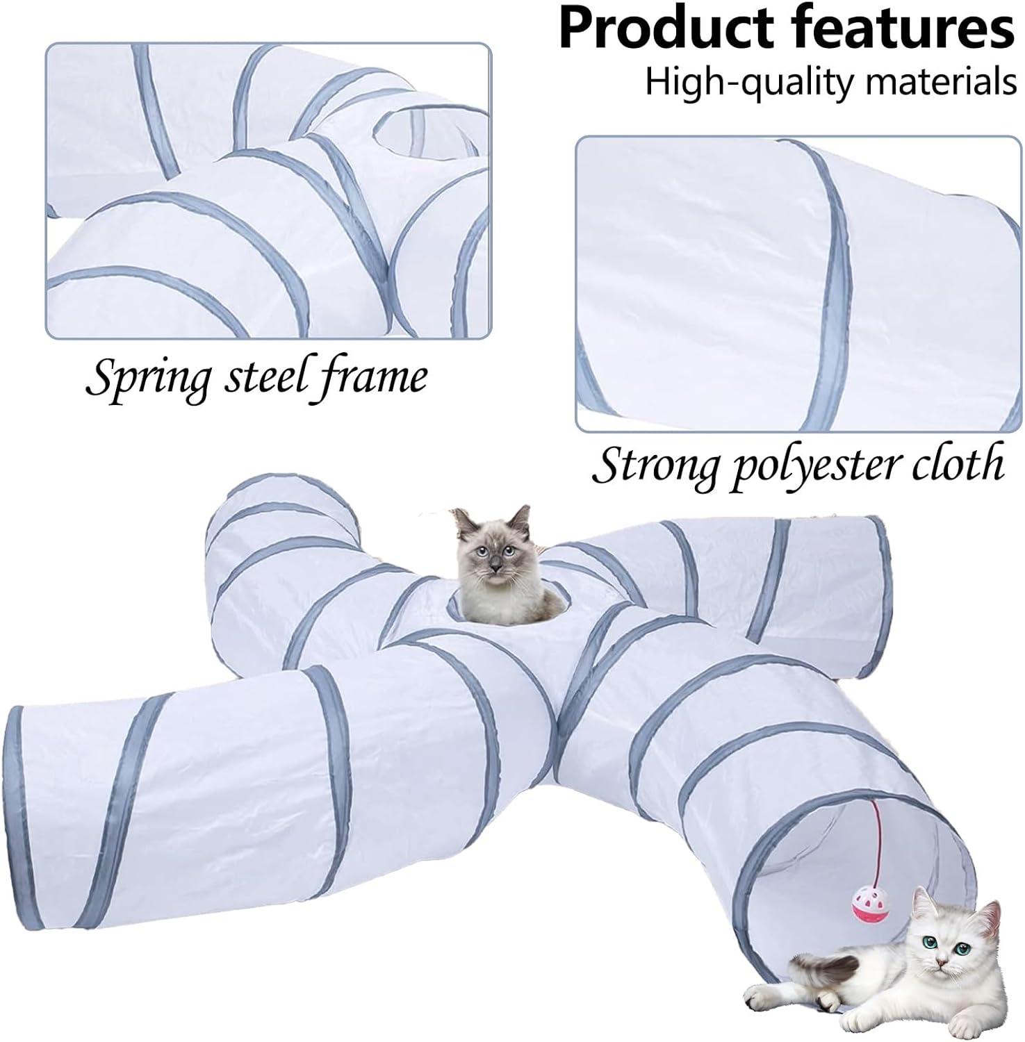 EGETOTA Cat Tunnel for Indoor Cats Large, with Play Ball S-Shape 4 Way Collapsible Interactive Peek Hole Pet Tube Toys, Puppy, Kitty, Kitten, Rabbit (S4 - White & Grey)