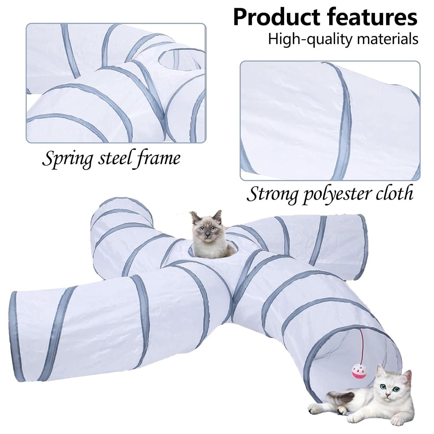 EGETOTA Cat Tunnel for Indoor Cats Large, with Play Ball S-Shape 4 Way Collapsible Interactive Peek Hole Pet Tube Toys, Puppy, Kitty, Kitten, Rabbit (S4 - White & Grey)