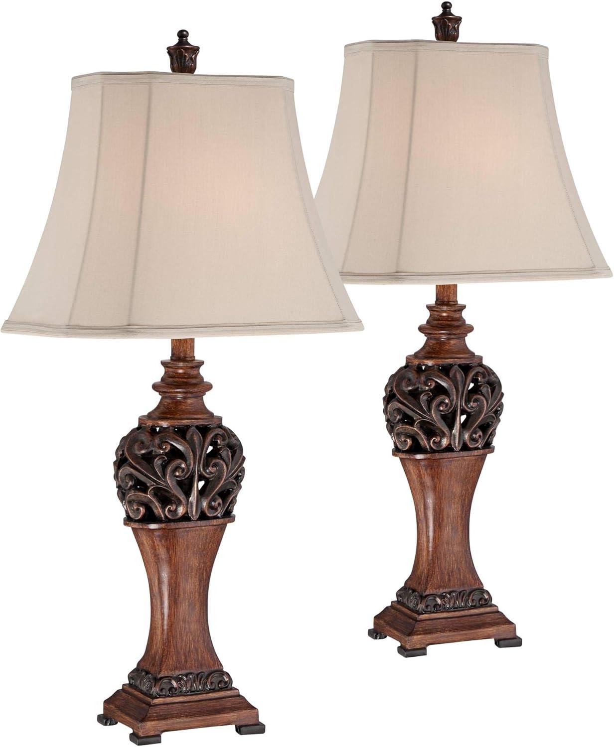 Regency Hill Exeter Traditional Table Lamps 30" Tall Set of 2 Bronze Wood Carved Leaf Cream Rectangular Bell Shade for Bedroom Living Room Bedside