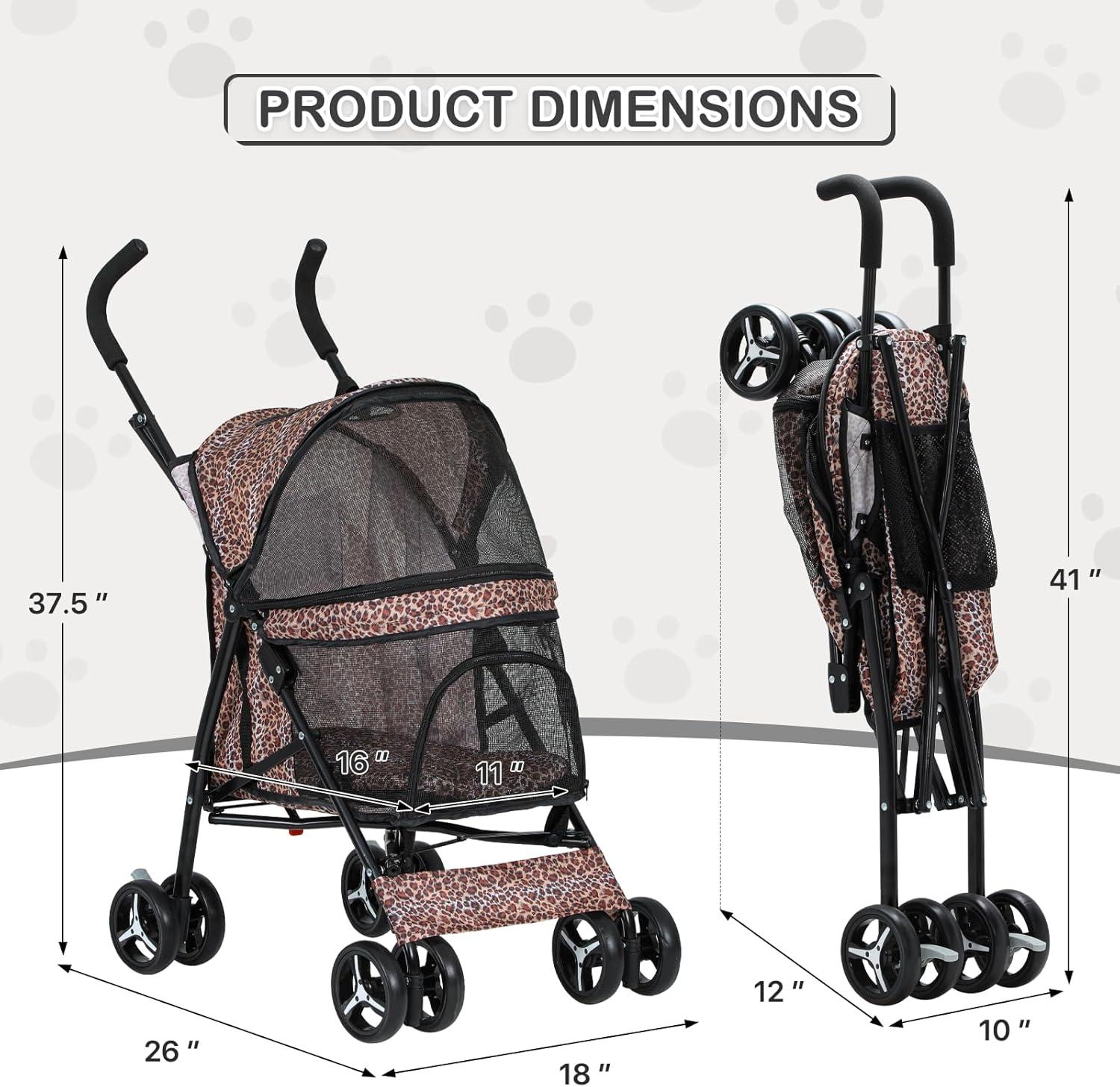 Leopard Print Steel Frame Dog Stroller with Mesh Windows