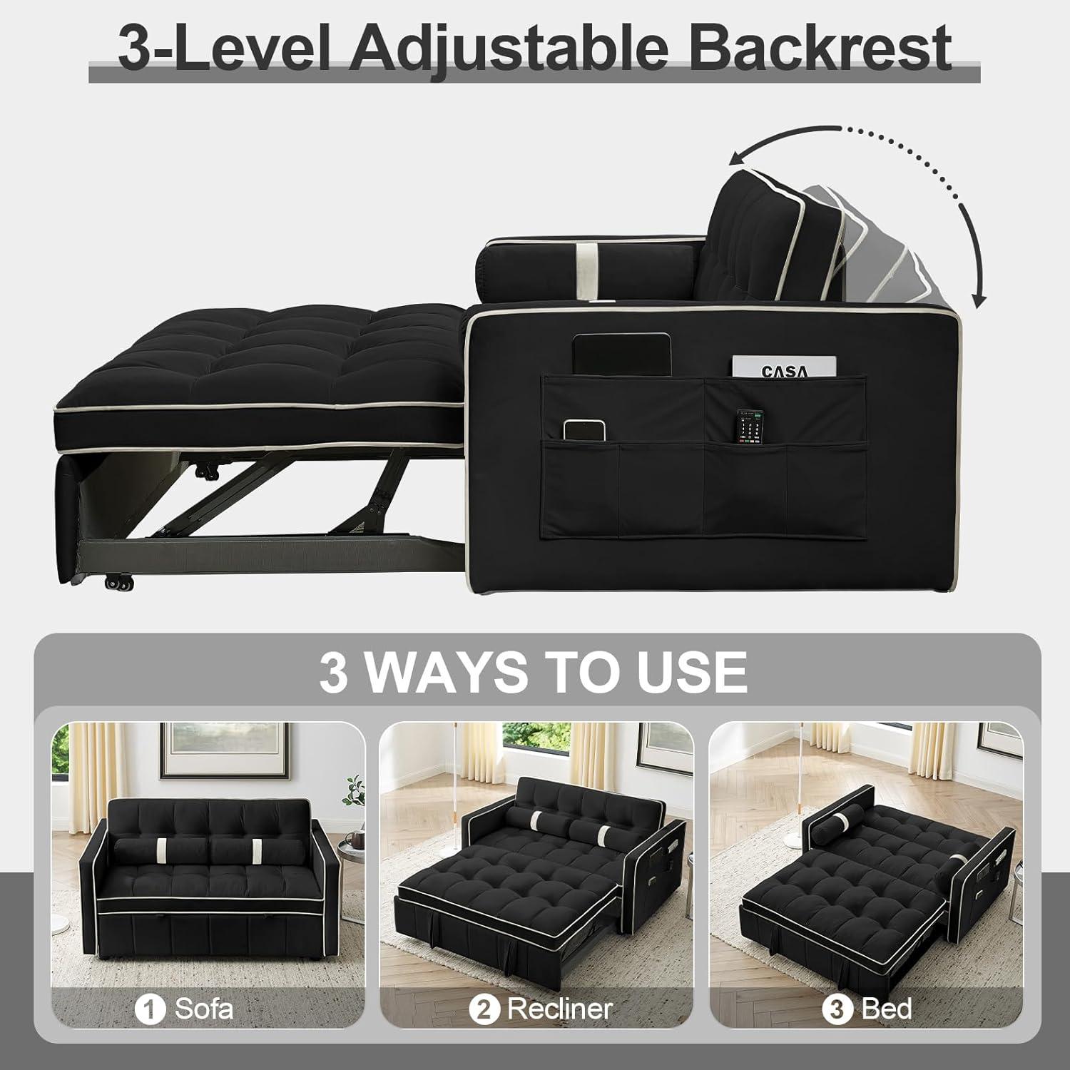 3 in 1 Convertible Sleeper Sofa Bed,55" Modern Velvet Sofa Couch Bed with 2 Lumbar Pillows and Adjsutable Backrest,2 Seater Loveseats Sofa for Apartment Office Living Room,Black