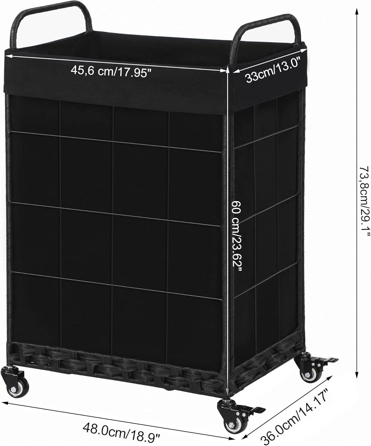 Black Rectangular Rolling Laundry Hamper with Metal Frame