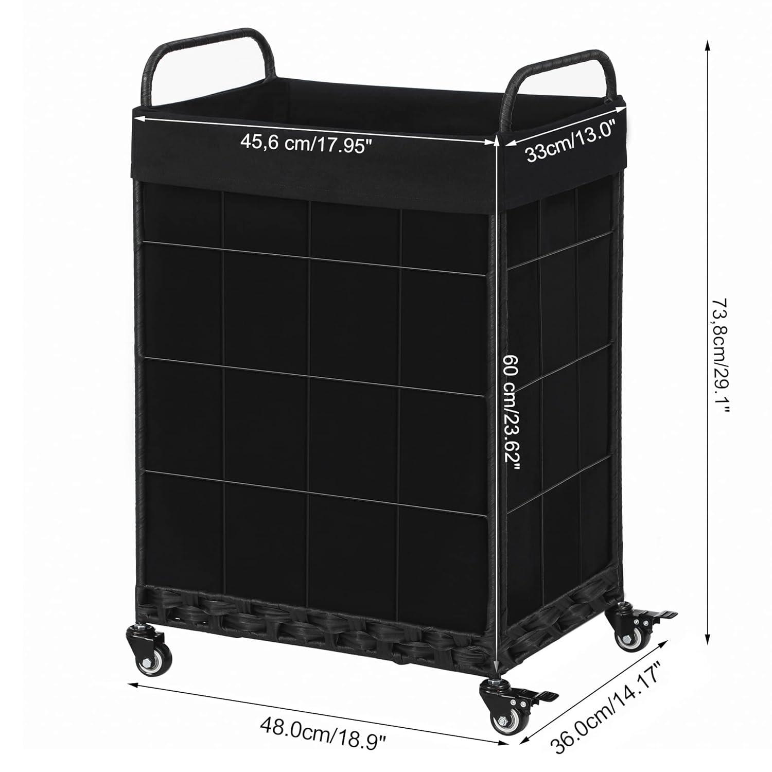 Laundry Hamper with Heavy Duty Rolling Lockable Wheels; Durable Laundry Basket with Detachable Liner Bag; Collapsible Clothes Hamper with Metal Handle (Black)