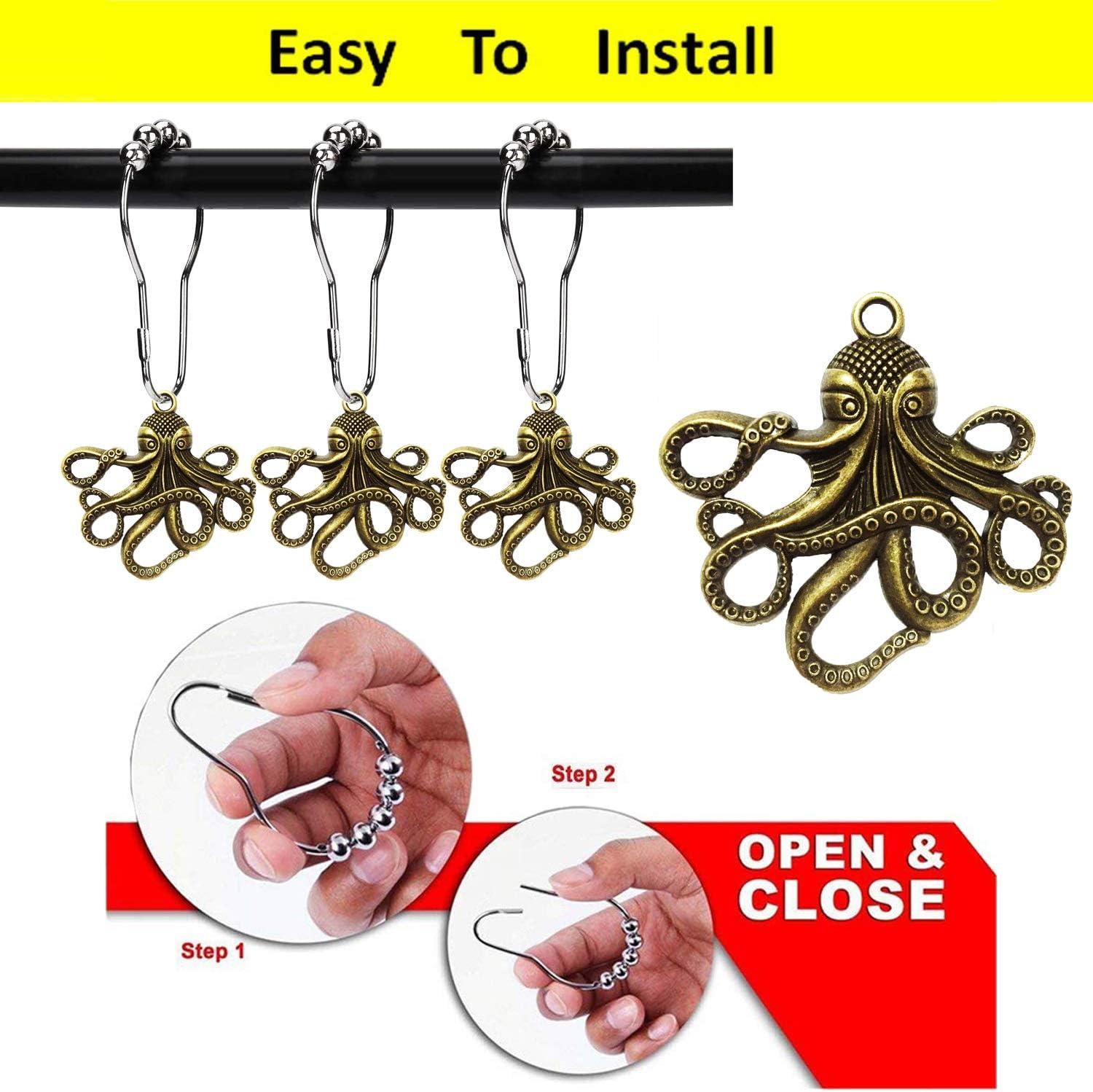 Set of 12 Octopus Shower Curtain Hooks Decorative Home Bathroom Squid Sea Creature Beast Stainless Steel Rustproof Brushed Nickel Rings with Octopus Decorative Accessories (Silver)