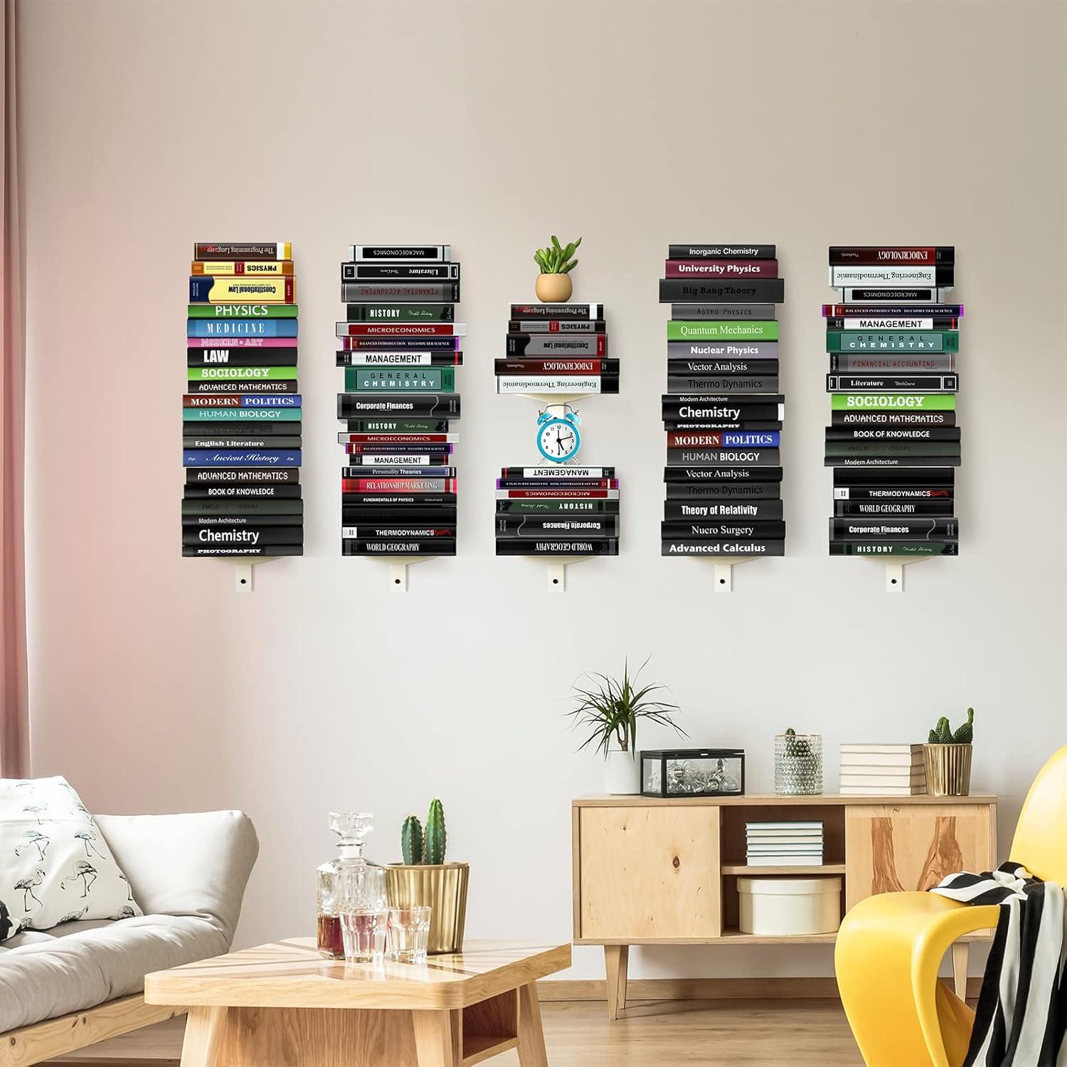 Invisible Floating Bookshelf For Wall Mounted, 4 Tier Vertical Spine Book Tower, 2 Pack White
