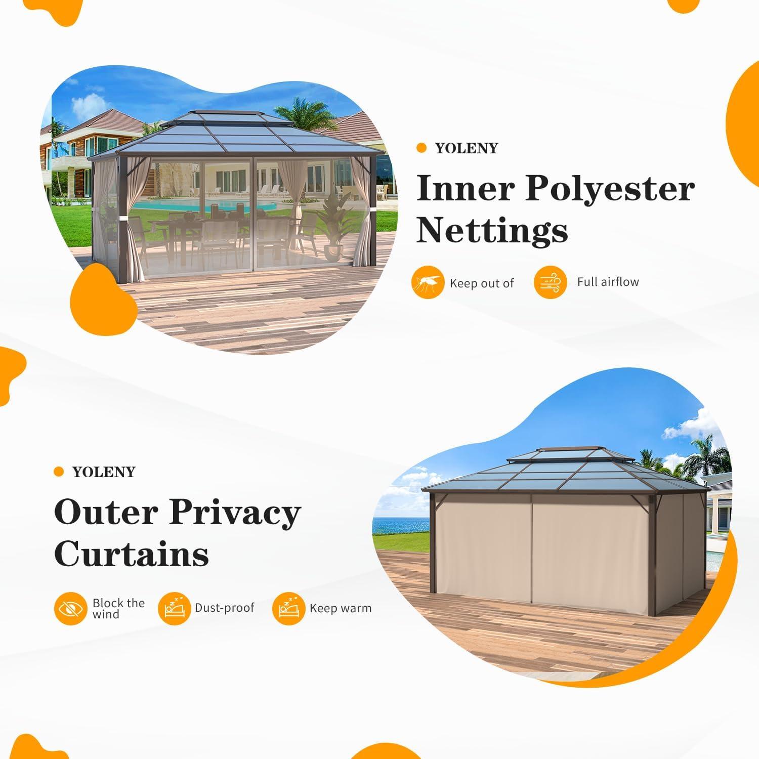 VIVOHOME 10' x 13' Double Roof Hardtop Gazebo, Polycarbonate Roof & Aluminum Alloy Frame with Netting & UV-Proof Privacy Curtain