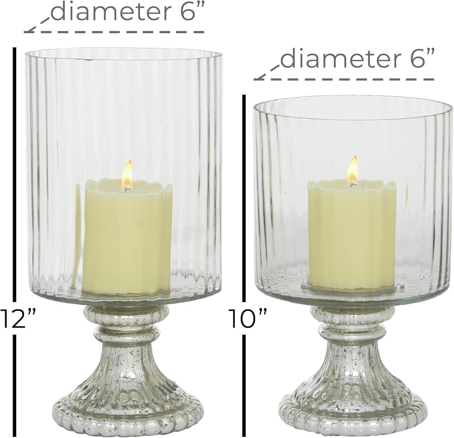 DecMode 2-Slot Silver Glass Hurricane Lamp, Set of 2