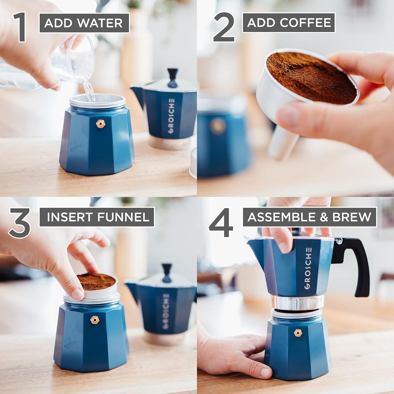 GROSCHE Milano Stovetop Espresso Maker Moka Pot 6 Espresso Cup size 9.3oz, Blue