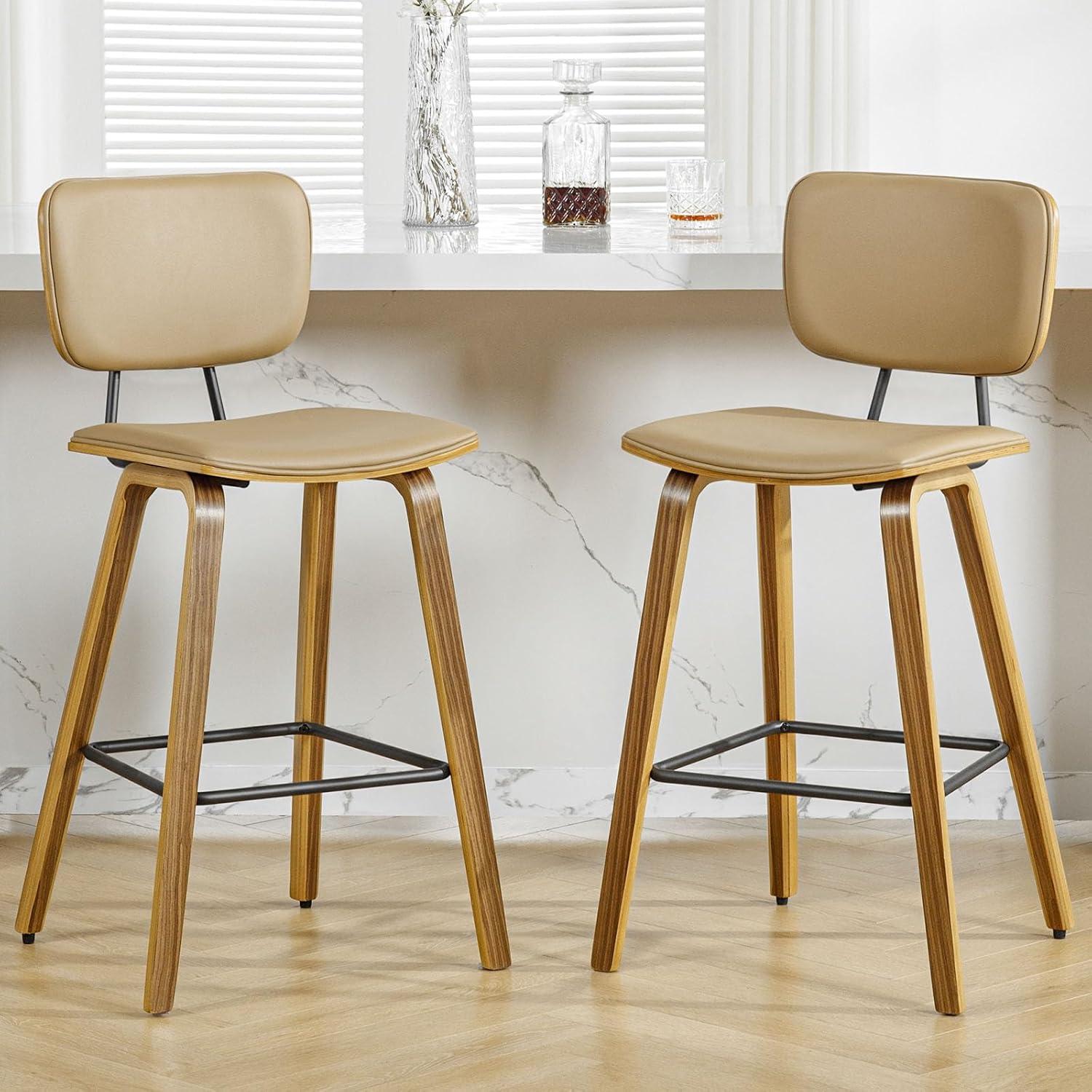 Brown PU Leather Upholstered Counter Stools with Bent Wood Legs, Set of 2