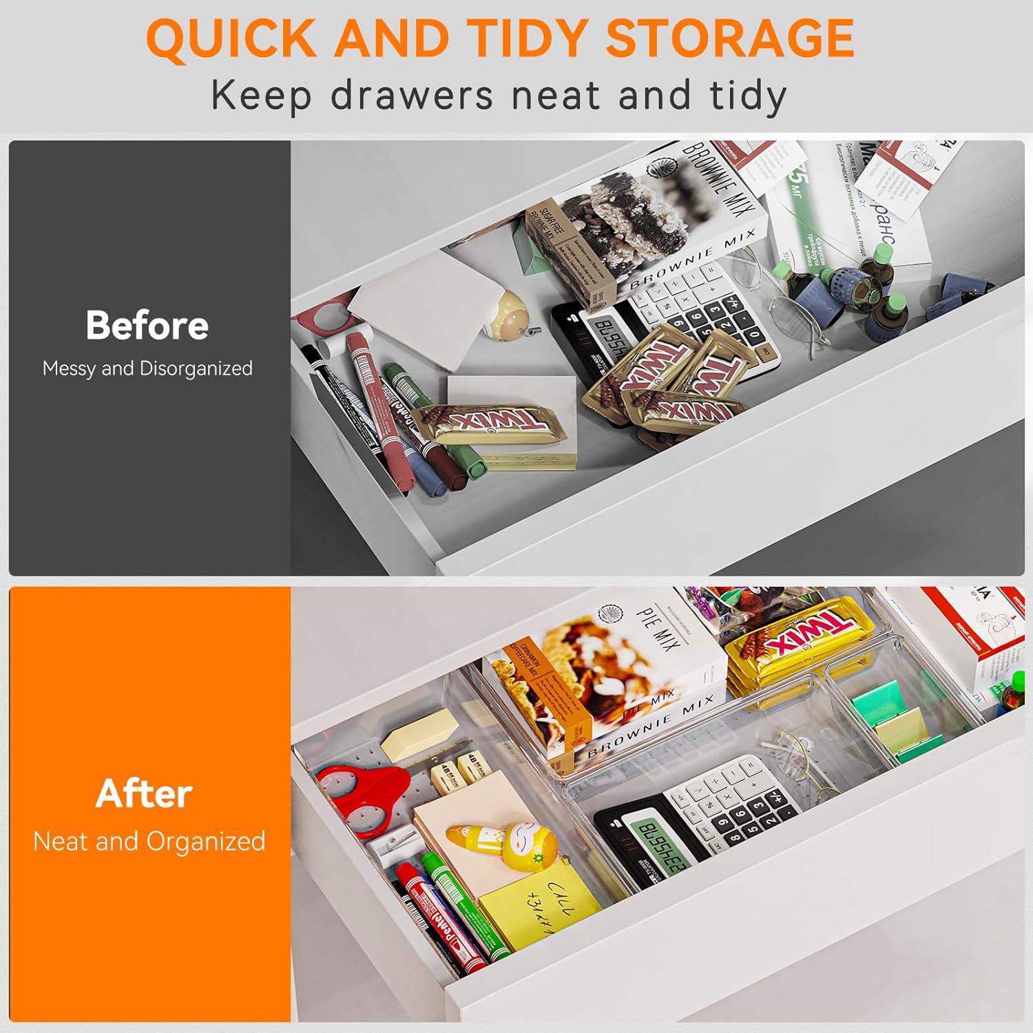 ihomecooker 3 Pack Clear Plastic Drawer Organizer Tray Cutlery Utensil Makeups Drawer Silverware Organizers 12" X 6"… (6P(6X6+6X9+6X15))