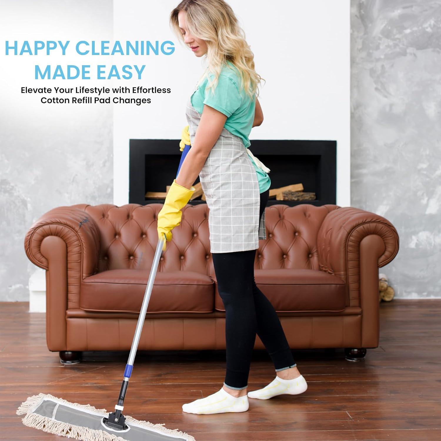 24" Industrial Cotton Floor Dust Mop with adjustable Steel Handle - Commercial Mops for Hardwood, Tiles, Laminate, Vinyl, Garage epoxy, Bamboo surface cleaning and Flooring Push Dust Broom