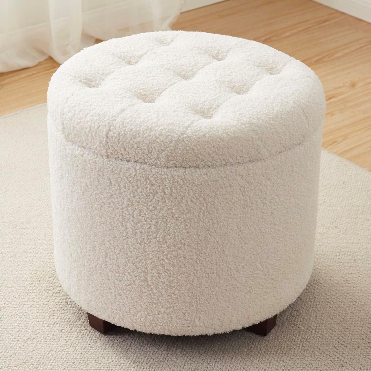 Ornavo Home Faux Leather Upholstered Round Tufted Storage Ottoman with Wooden Legs - Cognac