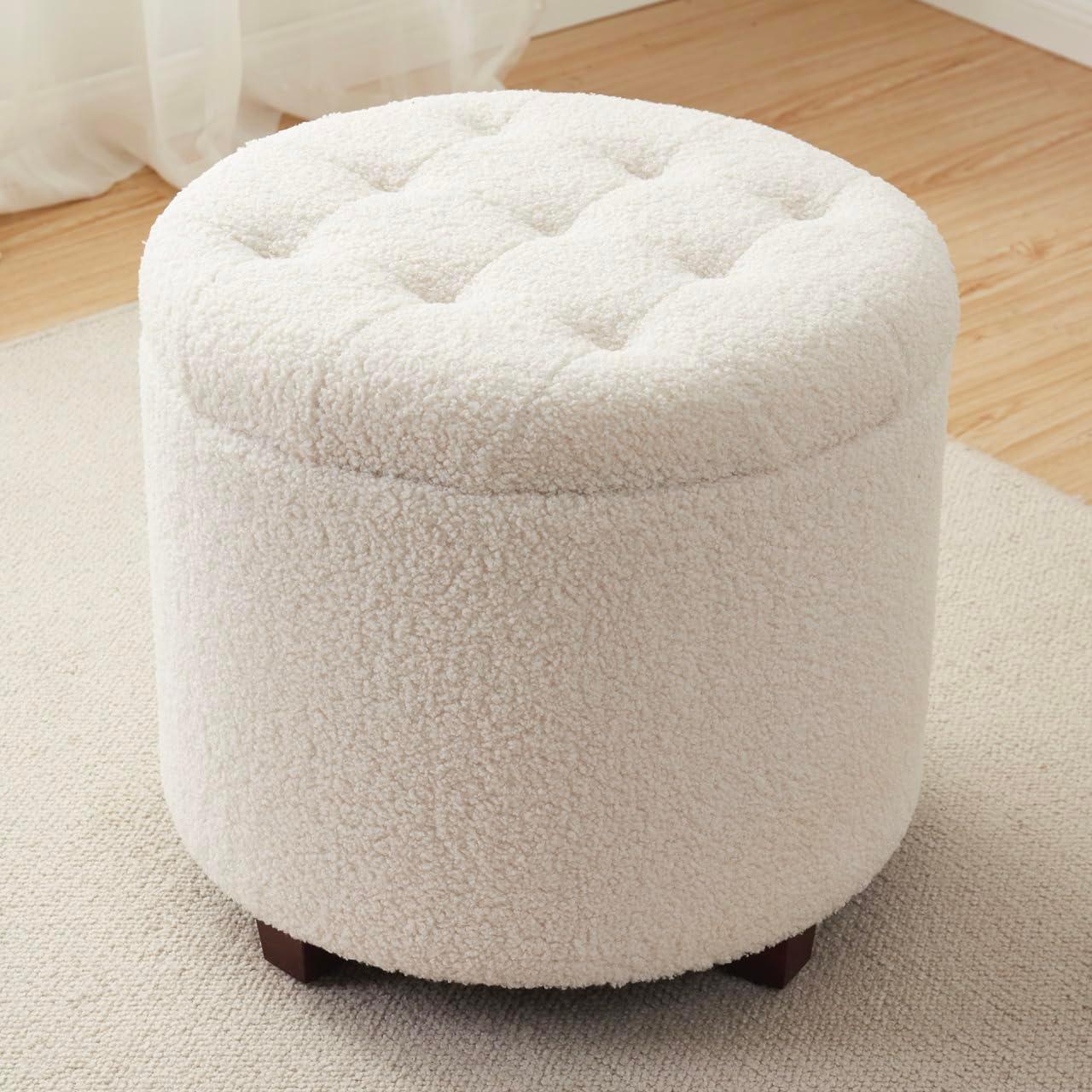 Ornavo Home Velvet Upholstered Round Tufted Storage Ottoman with Wooden Legs - Black
