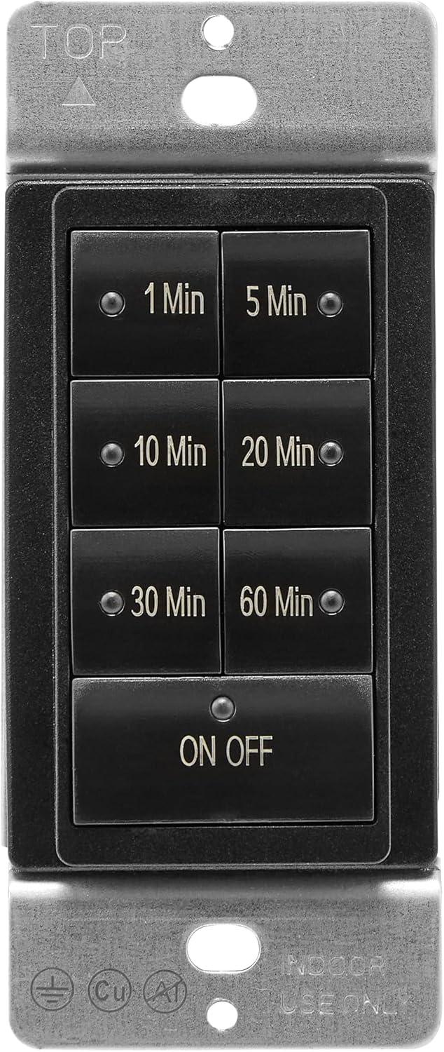 Maxxima 1875 Watt 7 Button Countdown Timer Switch - Maximum 60 Minute Delay, 1/2 HP Perfect for Bathroom Exhaust Fans, Indoor Automated Lighting, LED Indicatior Lights, Black, Wall Plate Included