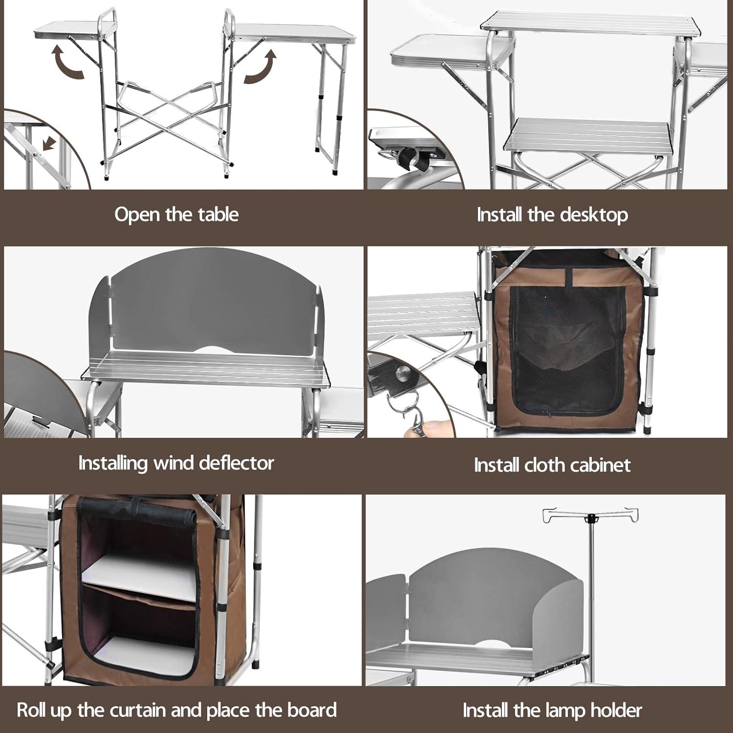 Portable Aluminum Folding Outdoor Cooking Table with Storage and Windscreen