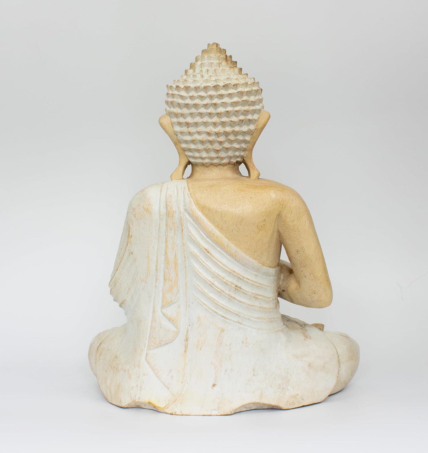 12" Whitewashed Wooden Meditating Buddha Statue in Suar Wood