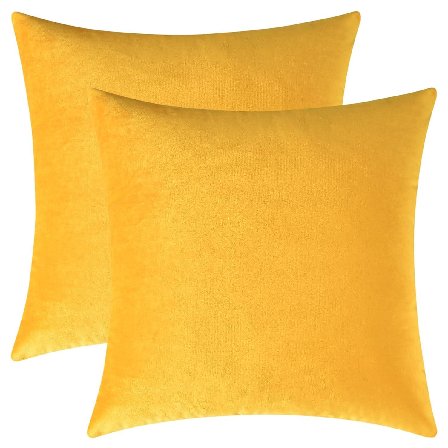 Deconovo Pack of 2 Velvet Pillow Covers Decorative Square Pillowcase Soft Solid Cushion Case for Home Decor Girl's Bedroom, Lemon Yellow, 26 x 26 inch
