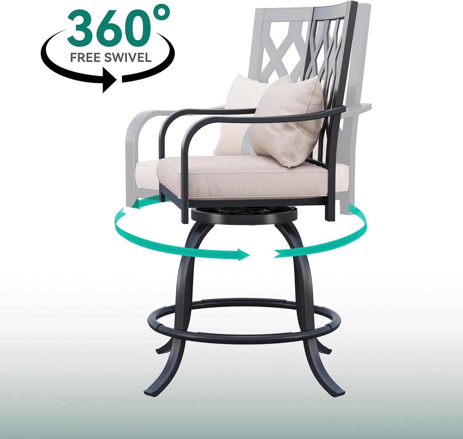 Outdoor 360°swivel Bar Stools Set Of 2 With Seat Cushions High Back & Armrests