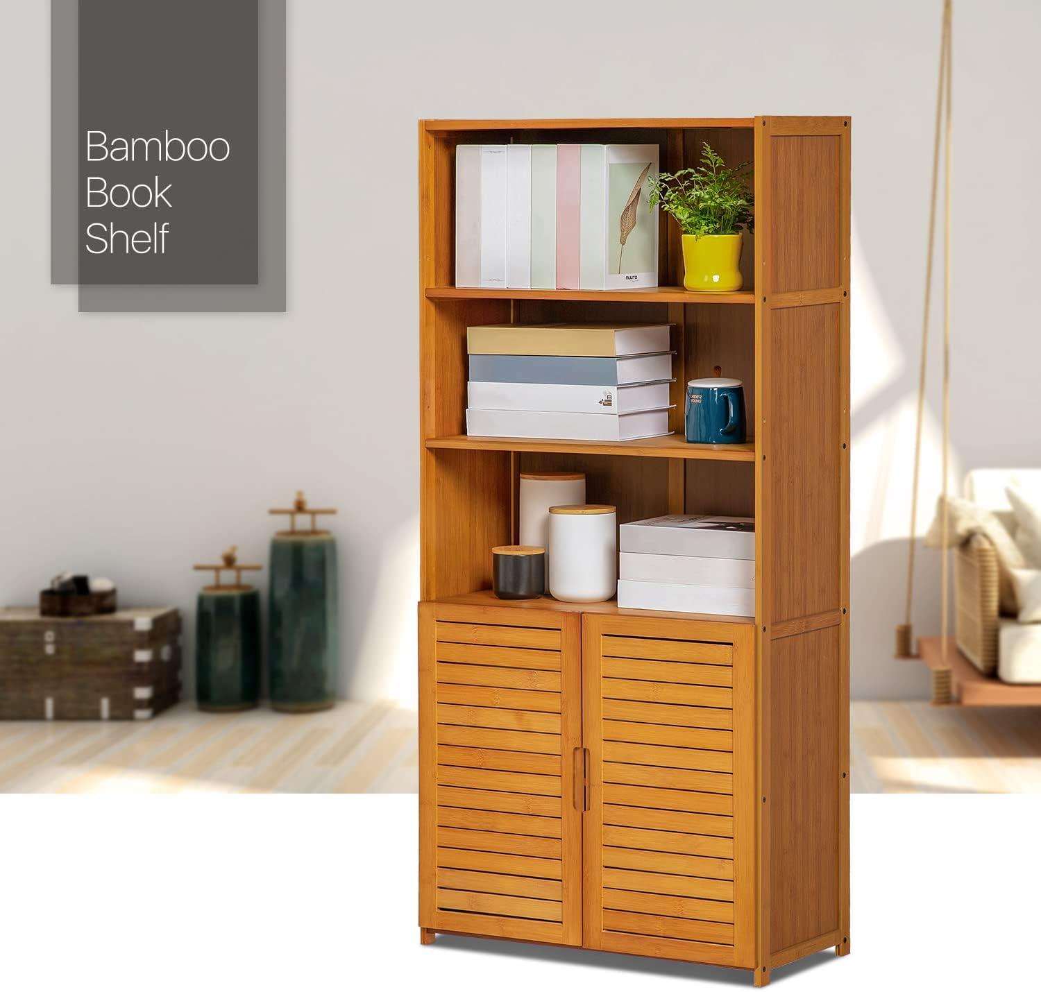 Brown Bamboo 5-Tier Bookcase with Shutter Doors