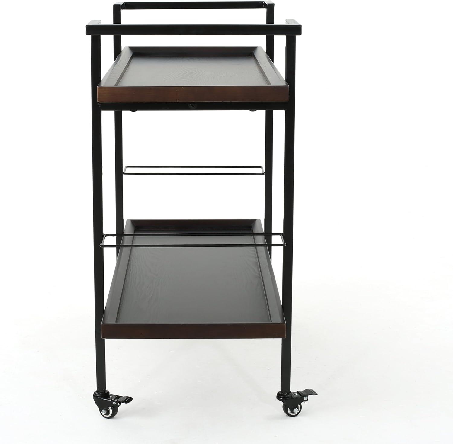 GDFStudio Harrison Industrial Faux Wood and Iron Bar Cart with Wheels, Dark Walnut