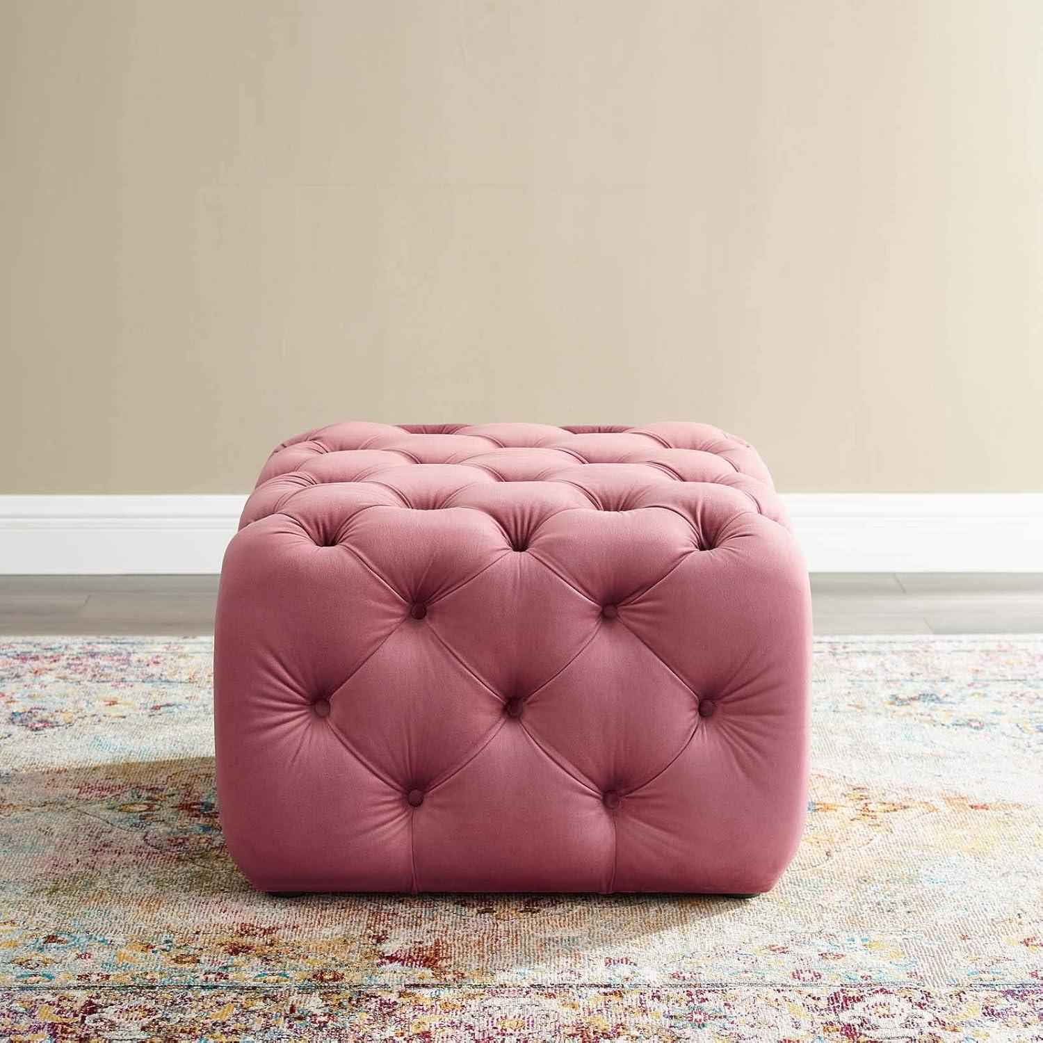 Dusty Rose Velvet Tufted Ottoman with Deep Button Detailing