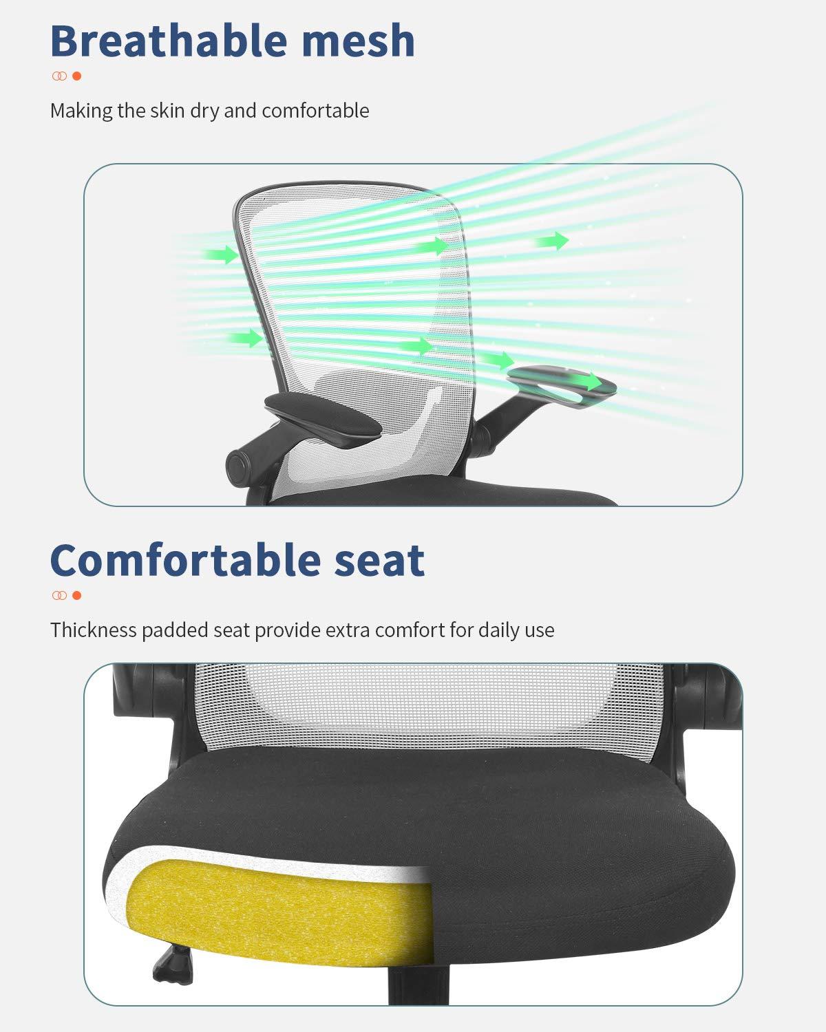 Office Chair Desk Computer Chair with Lumbar Support Flip-up Arms Swivel Rolling Executive Task Mesh Adjustable Ergonomic for Adults(White)