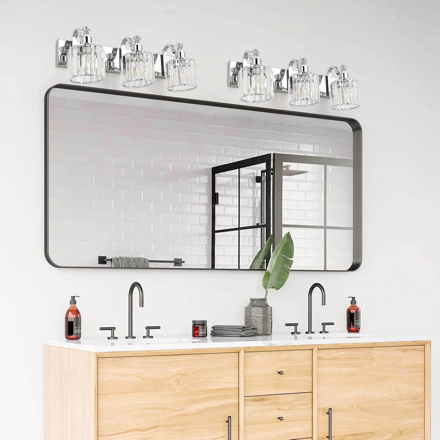 GAOMON LED Modern Crystal Bathroom Vanity Lights Over Mirror, Chrome Bathroom Light Fixtures Wall Light (4-Light)