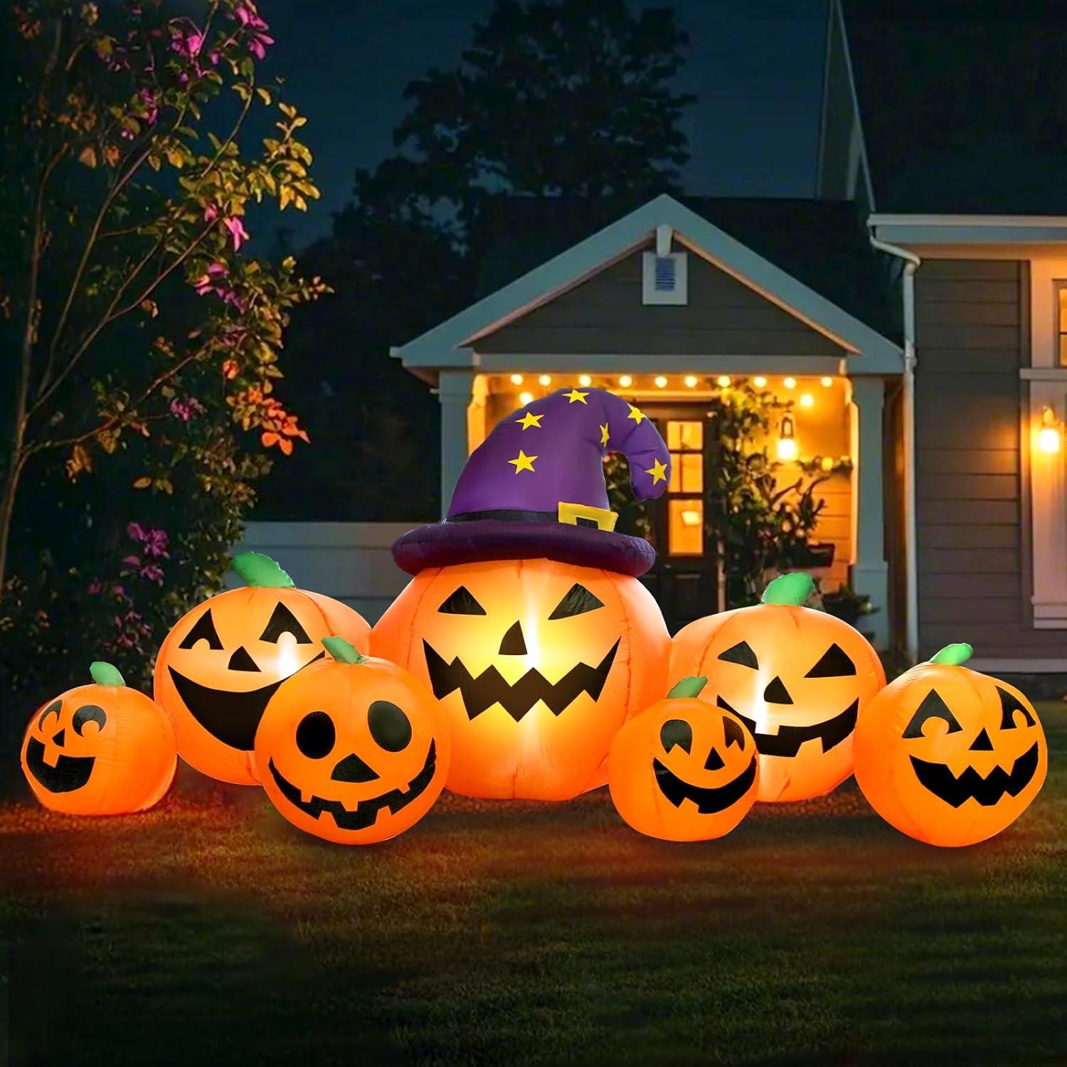 8FT Inflatable Halloween Pumpkins with Witch Hat and Ghost