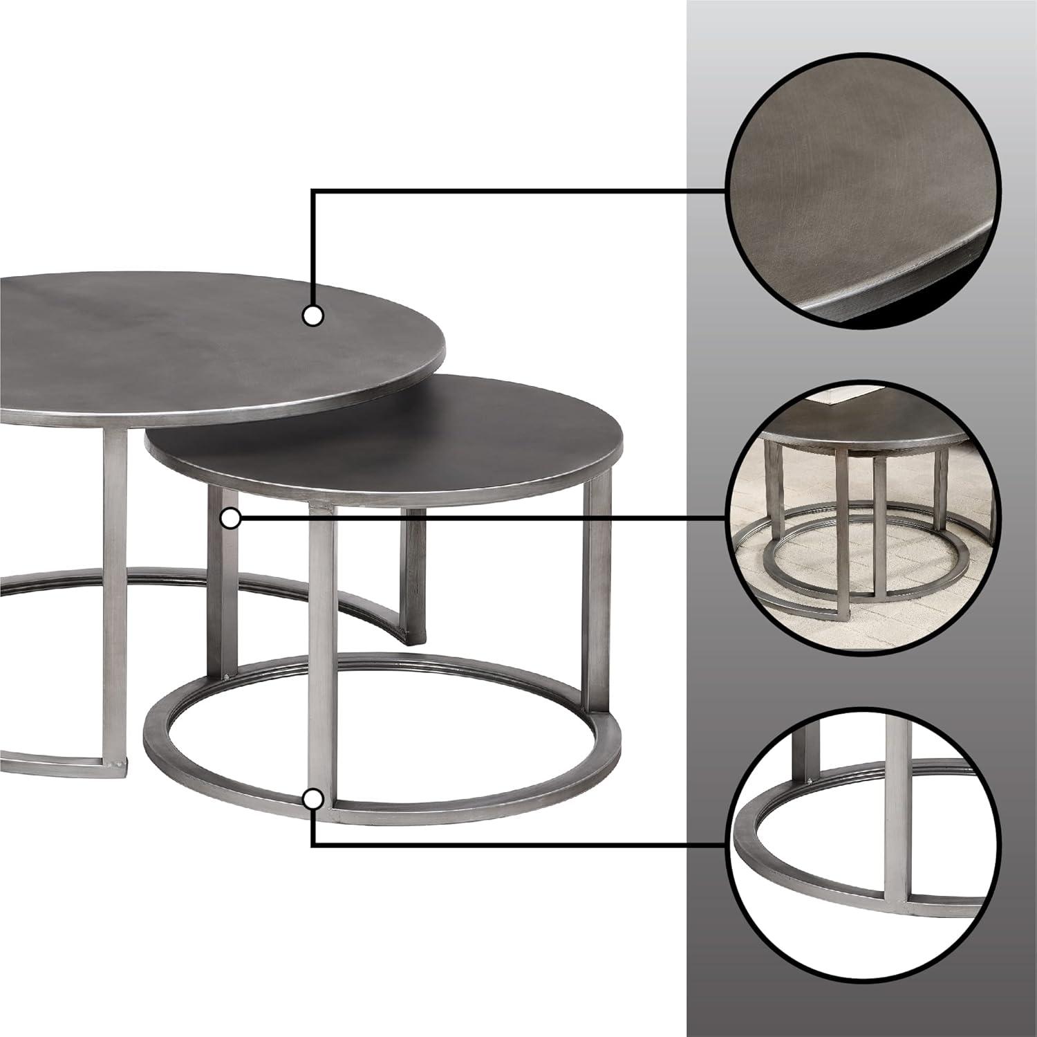 Aged Silver Round Metal Nesting Coffee Table 2-Piece Set